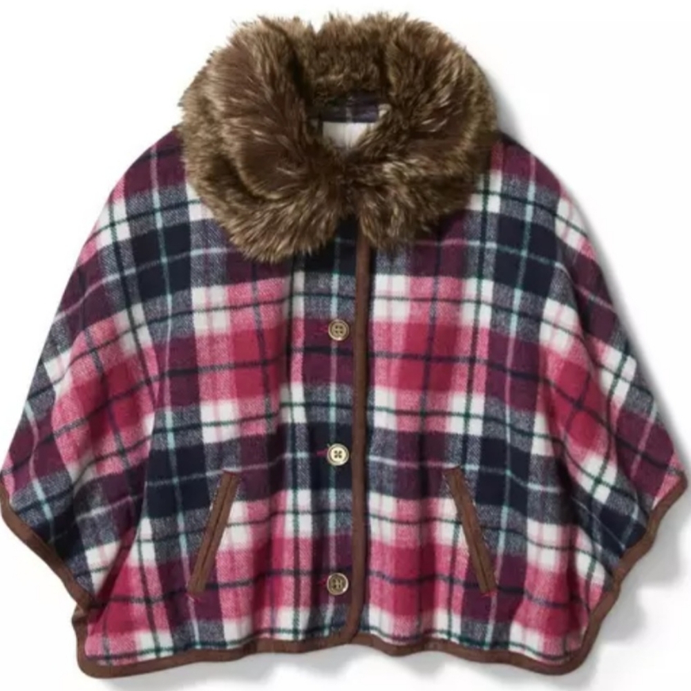 Janie And Jack plaid faux fur collar cape